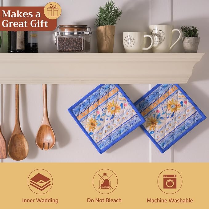 Maison d' Hermine Pot Holders 100% Cotton Potholders (8" x 8", Pack of 2) | Heat Resistant Hot Pads with Loop BBQ Cooking Baking Farmhouse Kitchen Handling Hot Pans Spring Summer - Girassol