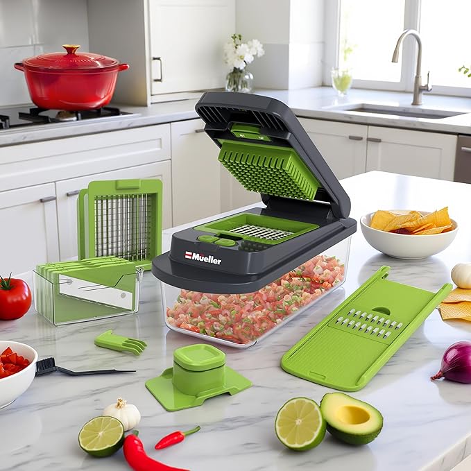 Mueller Pro-Series 10-in-1, 8 Blade Vegetable Chopper, Onion Mincer, Cutter, Dicer, Egg Slicer with Container, French Fry Cutter Potato Slicer, Home Essentials, Salad Chopper,Gray/Green