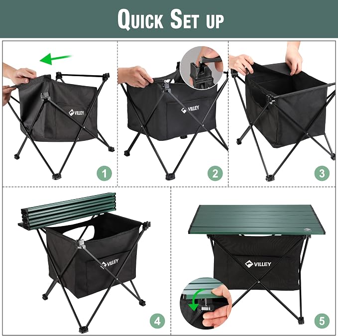 VILLEY Portable Camping Side Table, Ultralight Aluminum Folding Beach Table | Lightweight & Portable, Under-Table Storage Hammock, Carry Bag for Camping, Beach, Picnic, Boat & Travel
