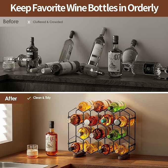 Nuovoware Countertop Wine Rack, 14-Bottle, 3 Tier, Black+Brown | Wine Bottle Organizer Storage, Freestanding Modern Carbon Steel Holder, Hexagonal Structure, for Cabinet, Pantry