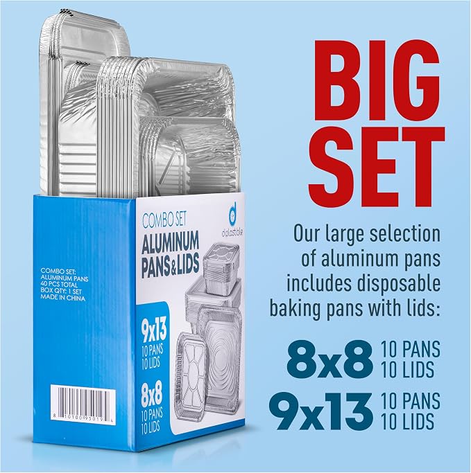 Disposable Aluminum Foil Pans with Lids, 20-Piece Combo Set, 9x13 & 8x8