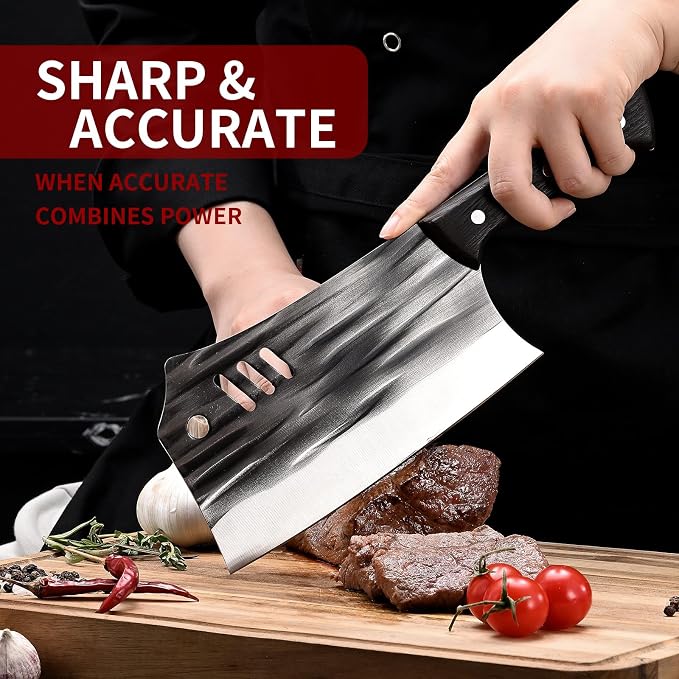 SHI BA ZI ZUO Chopping Knife Forged Cleaver Knife Heavy Duty Kitchen Knife for Meat Cutting with Anti-Slip Wooden Handle