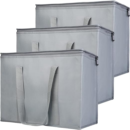 Bodaon 3-Pack Insulated Reusable Grocery Shopping Bag, X-Large Frozen Food Cold, Cooler Bags with Secure Top, Insulated Food/Pizza Delivery Bag, Gray