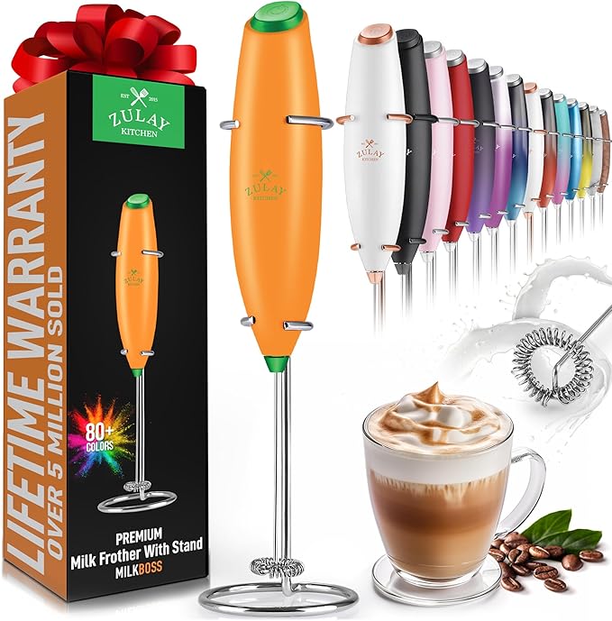 Zulay Powerful Milk Frother for Coffee with Upgraded Titanium Motor - Handheld Electric Whisk, Milk Foamer, Mini Mixer & Coffee Blender for Frappe, Latte, Matcha, No Stand - Jet Orange