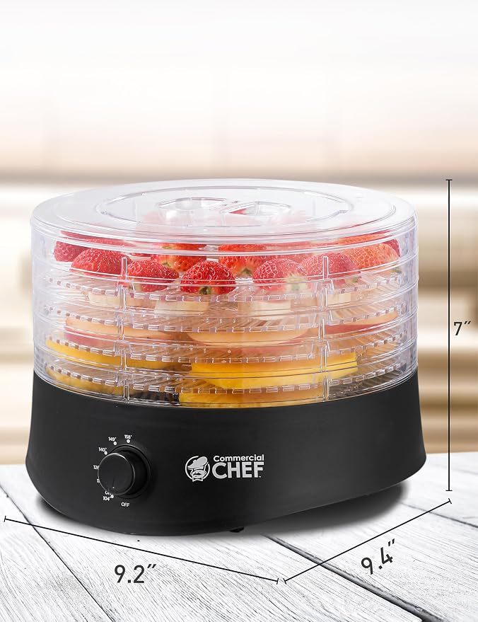 Commercial Chef Food Dehydrator, Five 9.25” BPA-Free Trays, CCD100B6, Black | Dehydrates and Dries Meat, Fruit, Veggies and Jerky, 280W Dehydration Machine, Adjustable Thermostat