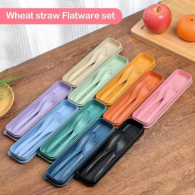 YDYTOP Reusable Travel Utensils Set with Case, 32 Sets Wheat Straw Knife Fork Spoon Cutlery, Multicolor Plastic Silverware for Kids and Adults, School Lunch, Party, Picnic and Camping