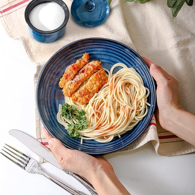 HASENSE Ceramic Pasta Bowls Set of 4, 32 Ounce Salad Serving Bowls for Kitchen, 8.7 inch Large Shallow Bowls for Pasta Salad Dinner Soup, Microwave Dishwasher Safe, Blue