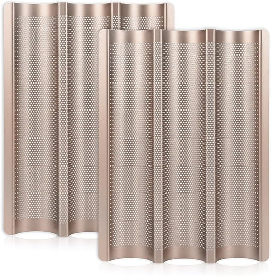 Hesanzol Baguette Pans for Baking 15" x 11", Carbon Steel 3 Loaf Nonstick Baguette Baking Tray for French & Italian Perforated French Bread Pan (2pack - Gold)