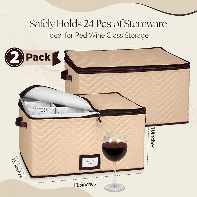 Wine Glass Storage Box with Dividers, Holds 12 Glasses up to 4.25" Wide | 2 Pack, Stemware Storage Case, Protects Fine China, Durable Quilted Microfiber, Carry Handles, Ideal for Red Wine Glass