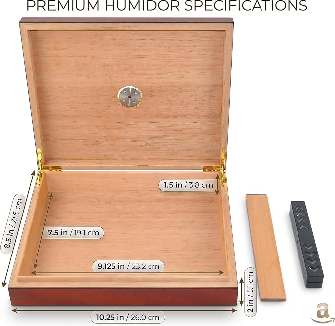 Humidor Cigar Box Holds 20 Cigars, Seal Lid Closure, Spanish Cedar Wood Travel Storage Cigar Case with Removable Divider, Humidifier and Golden Hygrometer, Gift for Man, Sapele Cherry Finish