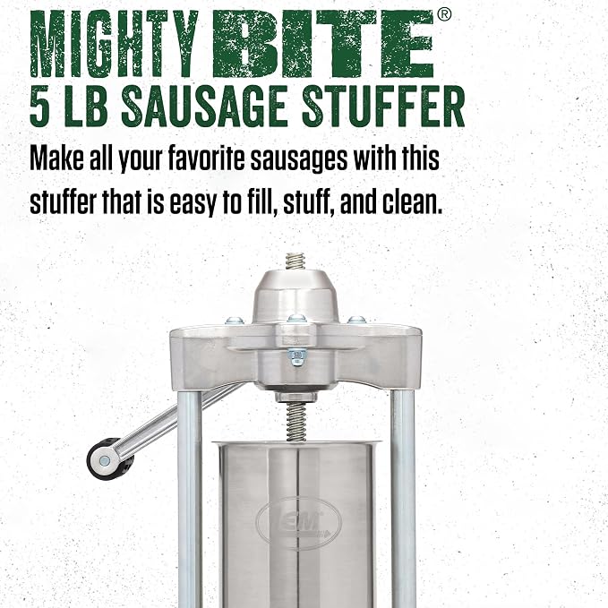 LEM Products MightyBite Vertical Stainless Steel 5 Pound Capacity Sausage Stuffer with Plastic Stuffing Tubes and Natural Hog Casings (32-35mm)