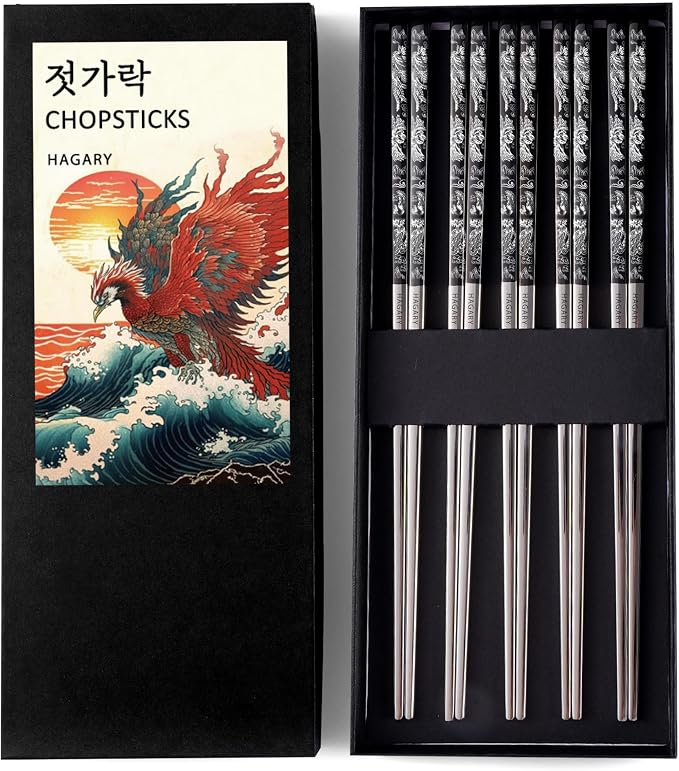 Phoenix Chopsticks Metal Reusable Designed In Korea Japanese Style Stainless Steel 316 18/10 Non-Slip Dishwasher Safe Laser Etched (Black - 5 Pairs)