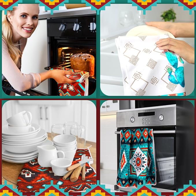 Boyiee Set of 6 Southwestern Kitchen Towels Boho Aztec Theme Dishcloth | Native American Hand Tea Towels 24 x 16 Inches for Absorbent Kitchen Decor with Hanging Loop for Room Home Housewarming Gift