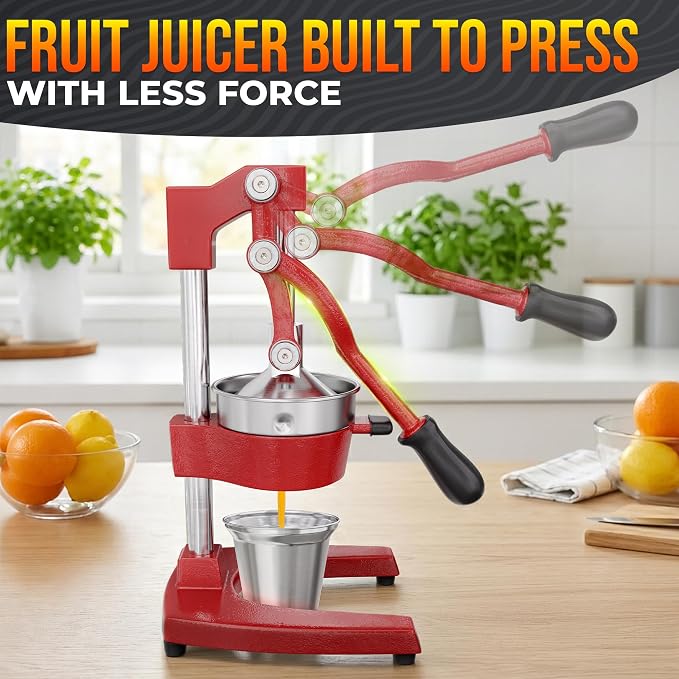 Cast Iron Juicer Hand Press, Heavy-Duty Squeezer, 304 Stainless Steel Bowl – One Pull Extracts Full Juice – Manual Citrus Press Juicer & Orange Squeezer for Lemon, Lime & Lemonade at Home Bar (Red)