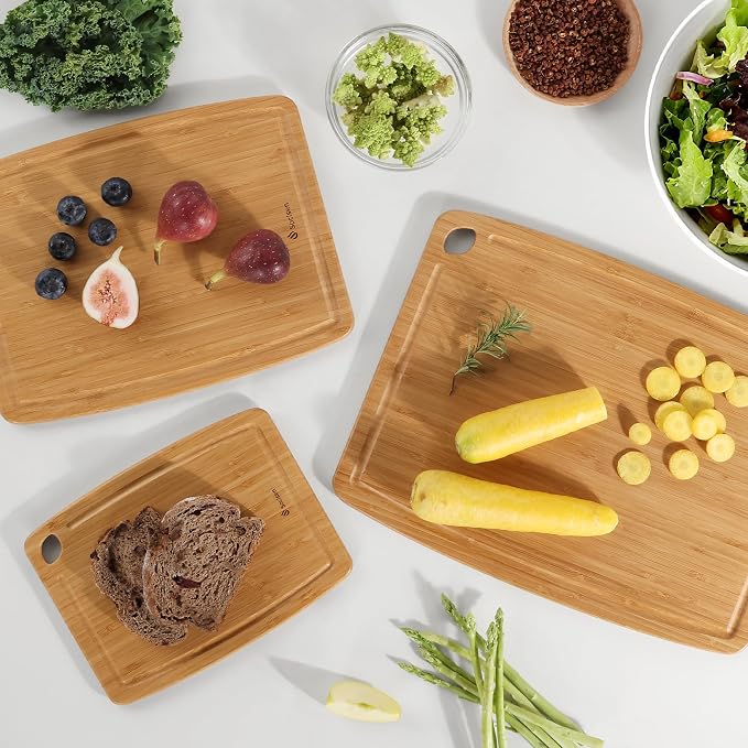 Lightweight Durable Bamboo Cutting Board Set with Non-Slip Feet, Wood Cutting Board for Busy Kitchen, Easy Clean Wooden Chopping Boards with Juice Groove Best House Warming Gift Set of 3 (S+M+L)