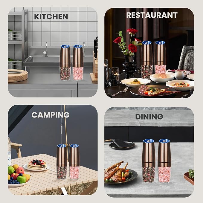 Battery Operated Salt And Pepper Grinder Set with LED Light, Automatic Electric Gravity Salt And Pepper Shakers Set, Each 6 AAA Batteries Needed, Adjustable Roughness, 2 Pack (Copper)