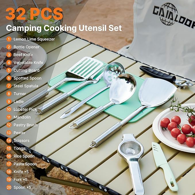 Gaialoop Portable Camping Cooking Utensils Set, Camp Kitchen Set with Organizer Bag, RV Essentials Outdoor Cooking Utensil Kit for Travel, Picnics, Camping, BBQs, Parties