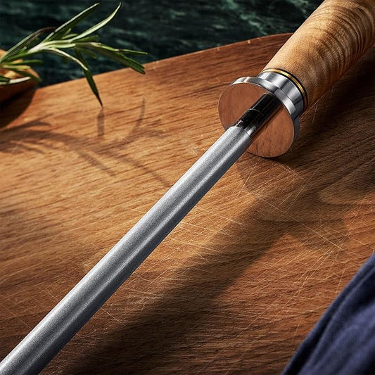 SENKEN Professional Emery Knife Sharpening Steel - Incredibly Strong Emery Rod for Sharpening & Honing Knives Up to 63 HRC Including All Damascus Knives (Natural Sycamore Wood)