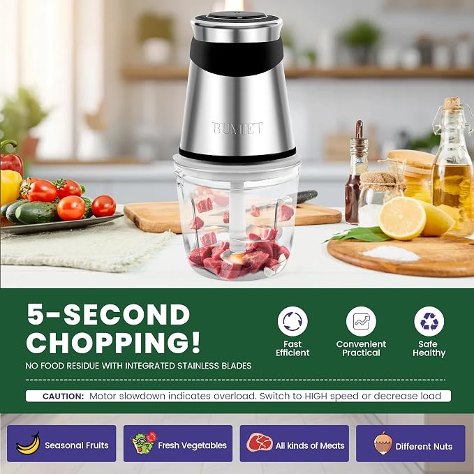 BUMET 500W Mini Chopper 2.5-Cup Glass Bowl Steel Blades | stainless steel blade and BPA free great for Small-batch chopper for meat, veggies & baby food. Compact & easy-clean.