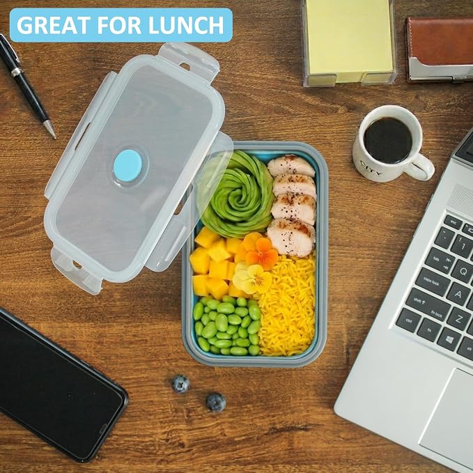 Collapsible Food Storage Containers with Airtight Lid & Vent Valve, 27 oz, Annaklin Kitchen Stacking Silicone Collapsible Meal Prep Container Set for Leftover, Microwave Freezer Safe, Blue, Set of 4