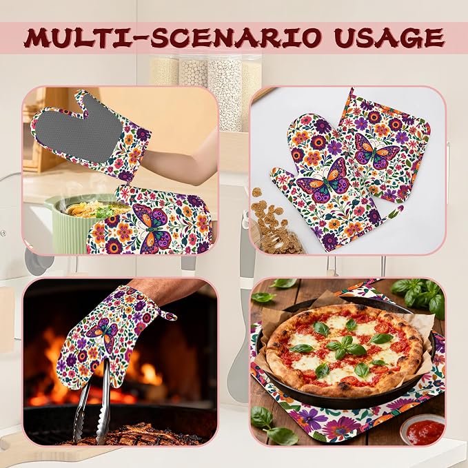 Butterfly Flowers Heat-Resistant Silicone Oven Mitts and Pot Holder 4 Piece Set,Vintage Non-Slip Kitchen Oven Gloves for Baking, BBQ, Cooking,Grilling