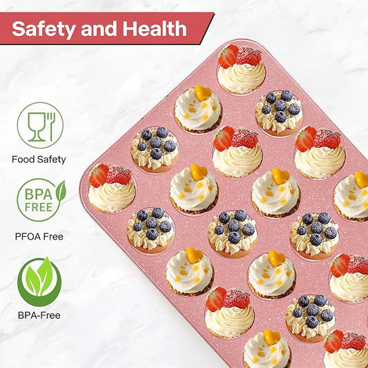 Spmart 2-Pack 24-Cup Nonstick Ceramic-Coated Mini Muffin Pan | Durable & Easy Clean Muffin Tins | Perfect for Small Baked Goods & Party Treats (Pink)