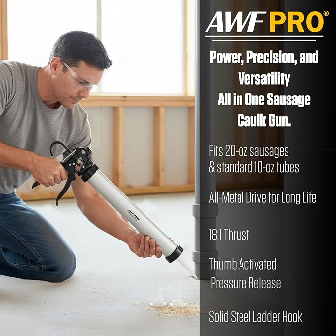 AWF PRO Sausage Caulking Gun 20 oz, 18:1 Thrust Ratio, Pack of 6 | 20 oz Foil Pack and 10 oz Cartridge Convertible, Aluminum Barrel, Includes 3 Tips
