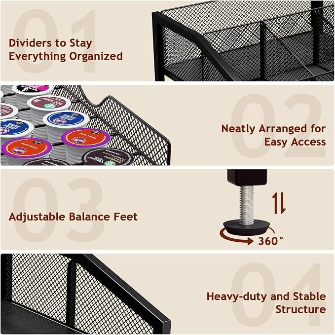 Homsorout Coffee Bar Organizer - Coffee Station for Countertop, Metal and Wood K Cup holder Storage Basket with Drawer for Syrup, Cups, Stirrer, Condiment, Tea Organizer, Black