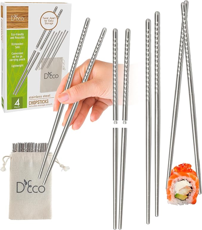 D'Eco Reusable Metal Chopsticks (4 Pairs)- Stainless Steel Twist Apart Silver Chopsticks & Travel Pouch- Lightweight, Durable, Dishwasher Safe- Great for Chinese Japanese Cuisine- On the Go Silverware