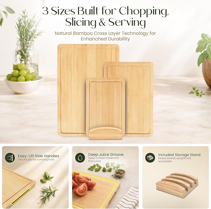 3-Piece Bamboo Cutting Boards - Groove, Handles, 15/12/9" - Light Natural | Bamboo boards with juice groove for prep, serving side for charcuterie