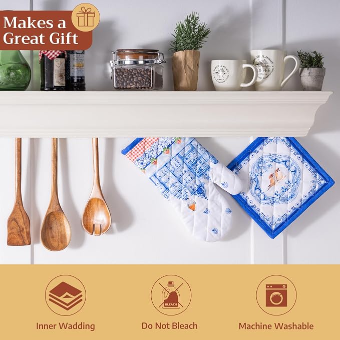 Maison d' Hermine 100% Cotton Oven Mitt & Pot Holder Set (7.5"x13" & 8"x8") | Heat Resistant BBQ Cooking Gloves with Loop Baking Grilling Kitchen Hotel Home Farmhouse Spring Summer - Amsterdam Canals