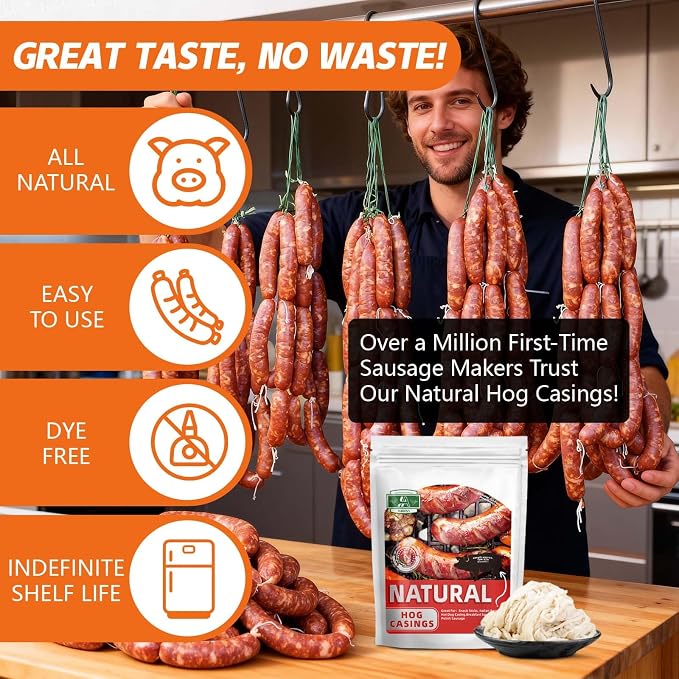 Natural Hog Sausage Casing, Edible Casings for Sausage Making,Pre-Tubed, Great for Snack Sticks, Italian Sausage, Hot Dog Casing, Breakfast Sausage Links and Most Sausage -10M/32ft,Φ34-36mm
