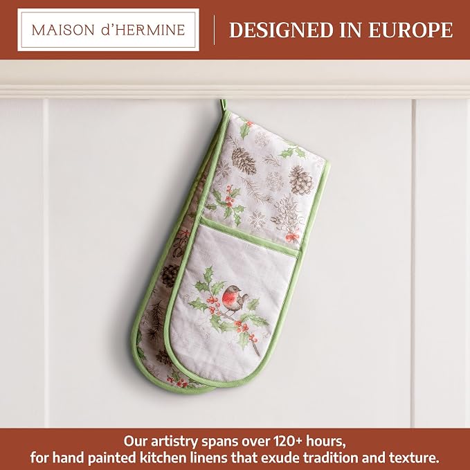 Maison d' Hermine Double Oven Mitts 100% Cotton Double Oven Glove (7"x35") | Heat Resistant BBQ Cooking Gloves with Loop Baking Kitchen Home Hotel Farmhouse Thanksgiving Christmas - Christmas Dew