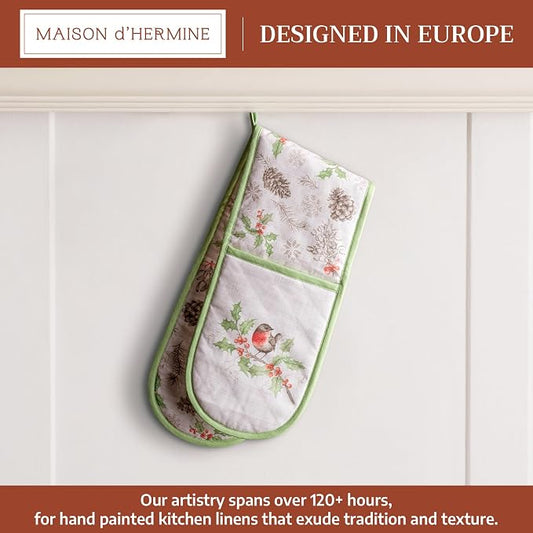 Maison d' Hermine Double Oven Mitts 100% Cotton Double Oven Glove (7"x35") | Heat Resistant BBQ Cooking Gloves with Loop Baking Kitchen Home Hotel Farmhouse Thanksgiving Christmas - Christmas Dew