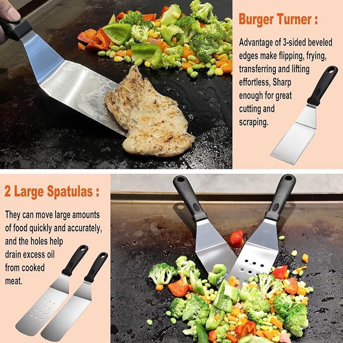 N NOBLE FAMILY 38PCS Griddle Accessories Kit, Professional Grill Tools Set for Outdoor Barbecue, Stainless Steel Griddle Spatula Set with Tongs, Smash Burger Press, Carry Bag, Perfect Grilling Gifts