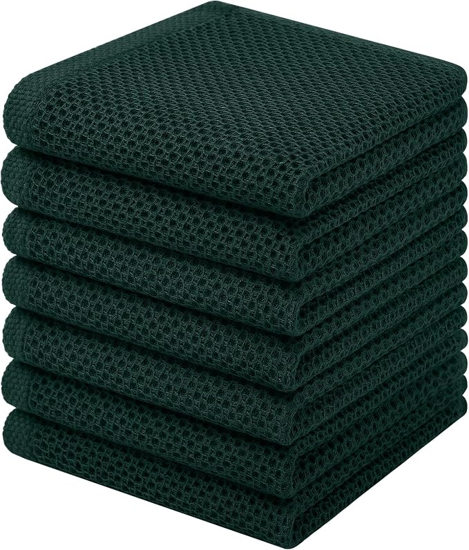 Homaxy 100% Cotton Waffle Weave Kitchen Dish Cloths, 7-Pack, Blackish Green | 12 x 12 Inches, Ultra Soft Absorbent Dish Towels, Quick Drying Dish Rags with Hanging Loop