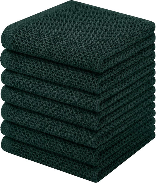 Homaxy 100% Cotton Waffle Weave Kitchen Dish Cloths, 7-Pack, Blackish Green | 12 x 12 Inches, Ultra Soft Absorbent Dish Towels, Quick Drying Dish Rags with Hanging Loop