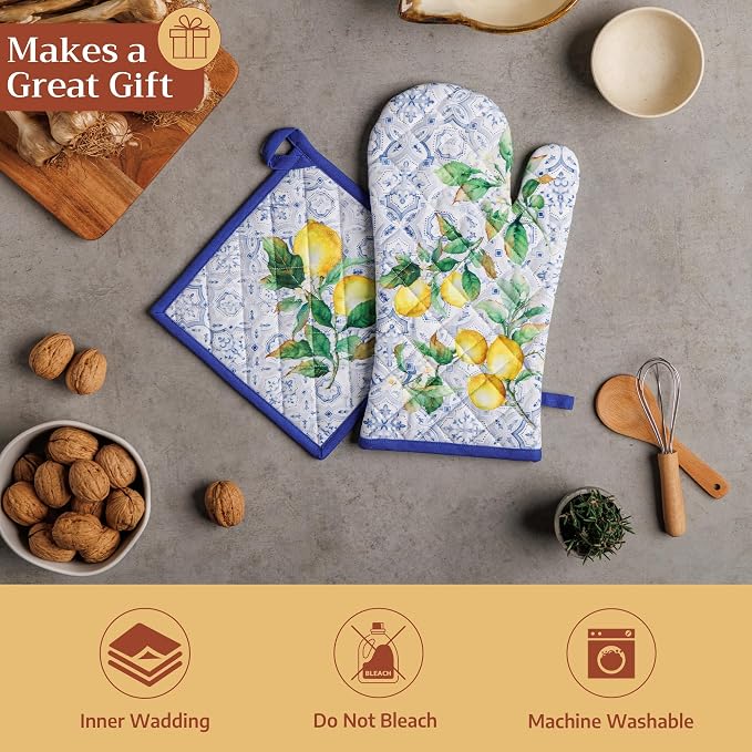 Maison d' Hermine Pot Holders 100% Cotton Potholders (8" x 8", Pack of 2) | Heat Resistant Hot Pads with Loop BBQ Cooking Baking Farmhouse Kitchen Handling Hot Pans Spring Summer - Citrus