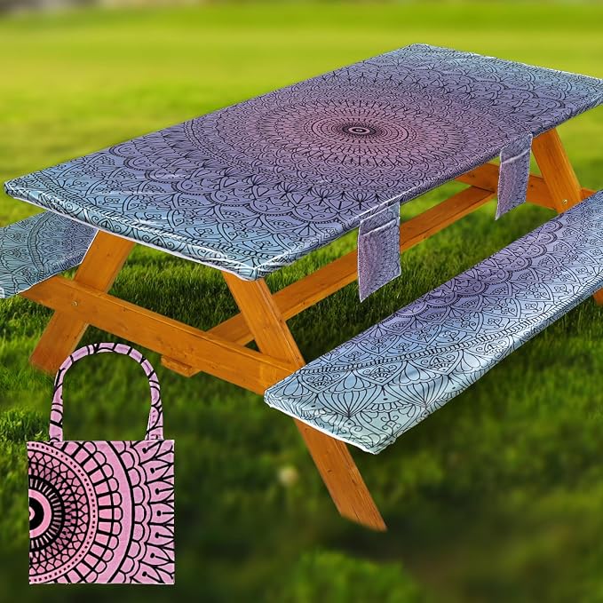 Wrakus Picnic Table Cover with Bench Covers Vinyl Elastic Edges Fitted Rectangle Seat Tables Waterproof 3-Piece96X30in Set Outdoor Rectangular Folding Backing Tablecloth for Camping Over Size