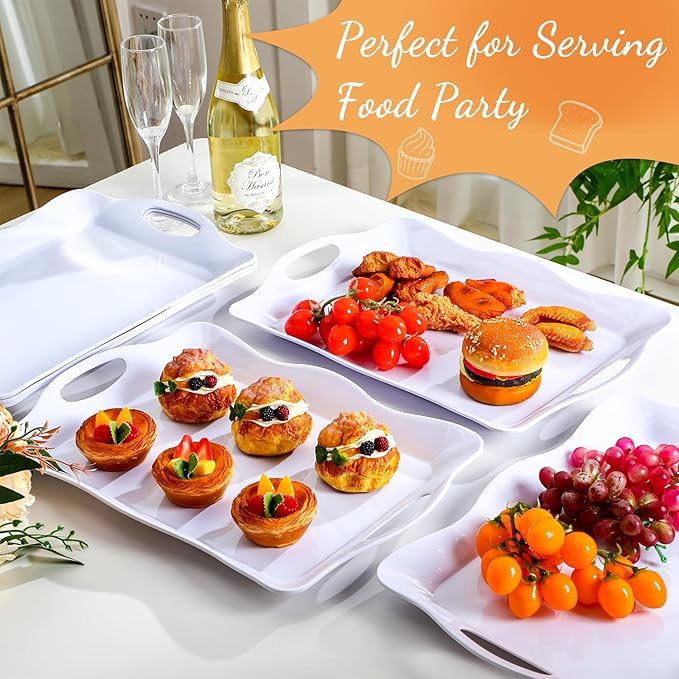 6 Pcs Large Melamine Serving Tray with Handles 17 x 12 Inch Rectangular Wave Melamine Serving Platters for Food, Eating, Turkey, Snack, Fruit, Desserts, Party, Dishwasher Safe