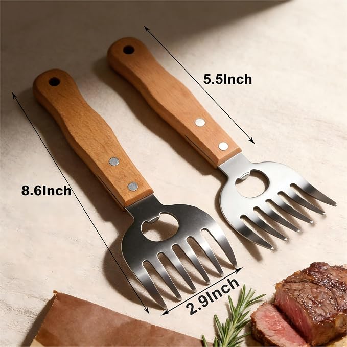 Stainless Steel Meat Shredder Claws with Wooden Handles | Built-In Bottle Opener, Heavy-Duty BBQ Tool for Shredding Pulled Pork, Chicken, Turkey and Beef Easily