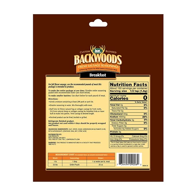 LEM Products Backwoods Breakfast Fresh Sausage Seasoning, 8.3 oz Packet | Pre-Measured Seasoning for Wild Game and Domestic Meat, Seasons Up to 25 Pounds of Meat for Homemade Patties and Sausages