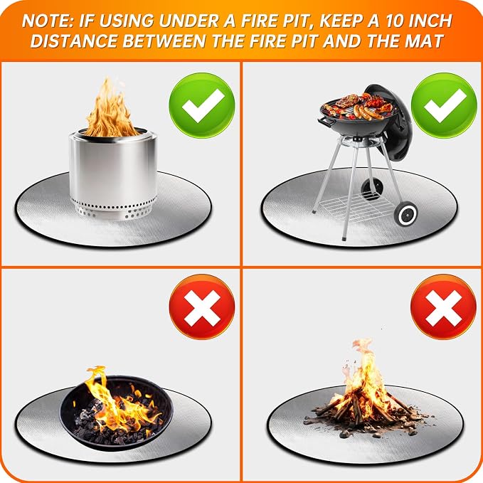 DocSafe 38" Round Fire Pit Mat for Solo Stove Bonfire,4-Layer Double-Sided Fireproof Heat Insulated Under Grill Mat Protector for Deck,Patio,BBQ,Oil-Proof and Reusable and Waterproof,Black＆Silver