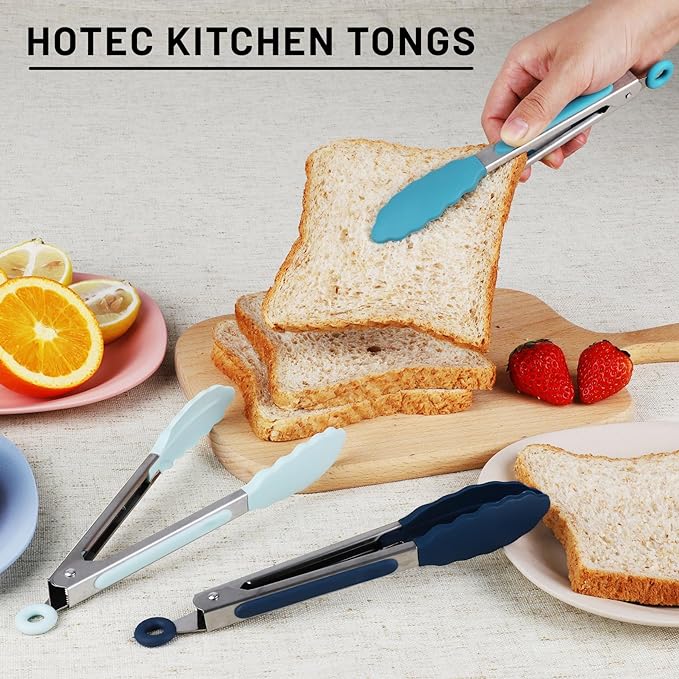 Hotec Mini Silicone Kitchen Tongs for Cooking - 7-Inch Small Serving Tongs with Silicone Tips, Set of 3 (Blue)