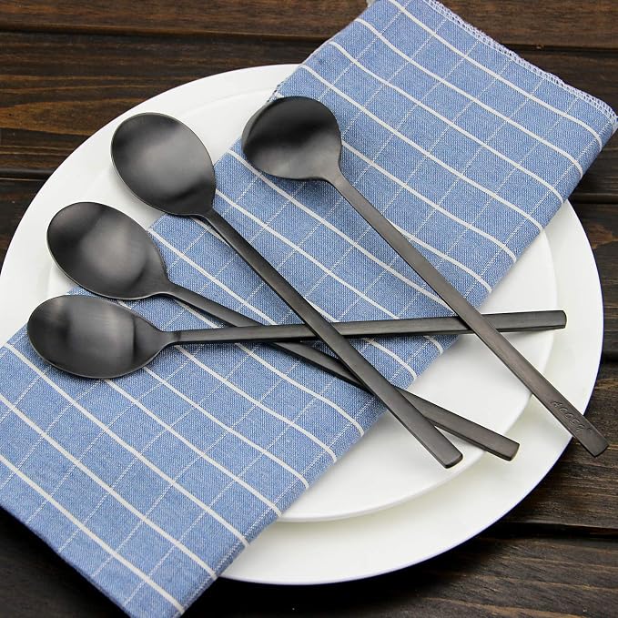 Soup Spoon, Korean Spoons, 8 Pieces Stainless Steel Asian Soup Spoon,8.5 Inch Long Handle Korean Dinner Ramen Spoons for Home Kitchen or Restaurant (Black)