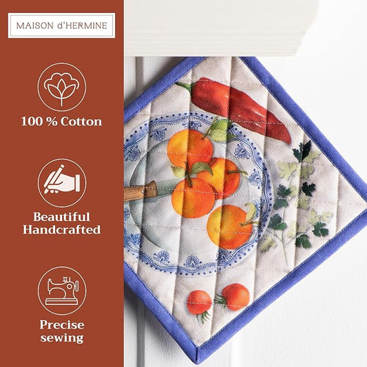 Maison d' Hermine Pot Holders 100% Cotton Potholders (8" x 8", Pack of 2) | Heat Resistant Hot Pads with Loop BBQ Cooking Baking Farmhouse Kitchen Handling Hot Pans Spring Summer - Gourmand