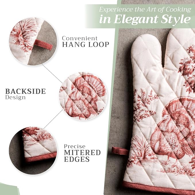 Maison d'Hermine Oven Gloves 100% Cotton Oven Mitt (7" x 13", Pack of 1) | With Loop Heat Resistant BBQ Cooking Gloves Baking Kitchen Handling Hot Pans Thanksgiving Christmas - Holy Jouy - Brown