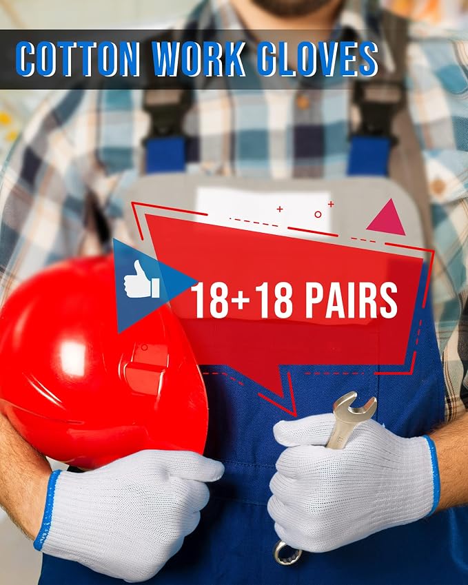 SATINIOR 36 Pairs Work Gloves White Cotton Polyester Liners Safety Work BBQ Gloves Liners Men Women Hand Protection