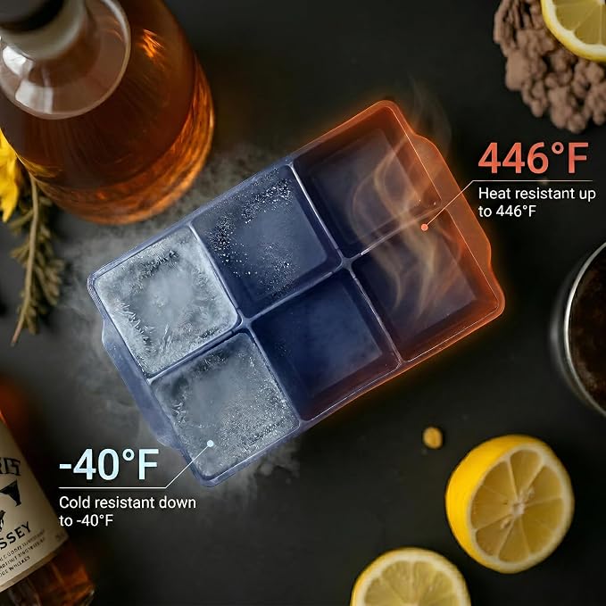 KitchFort® Large Silicone Ice Cube Tray (3-Pack), Easy Release 2" Big Ice Cubes - Cocktail, Whiskey Ice Cubes Mold - Ice Trays for Freezer with Lid - Stackable Silicone Ice Tray - Navy Blue