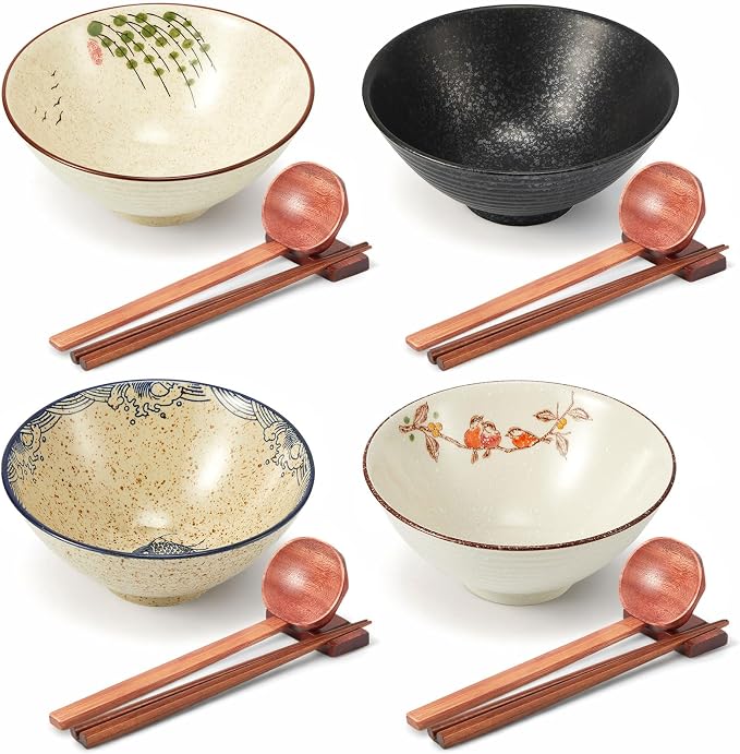 Geiserailie 40oz Ceramic Japanese Ramen Bowls Set of 4, 8 Inch Deep Asian Pho Udon Soup Noodle Bowls with Chopsticks, Spoons & Chopstick Rest -Microwave & Dishwasher Safe(Vintage Style)